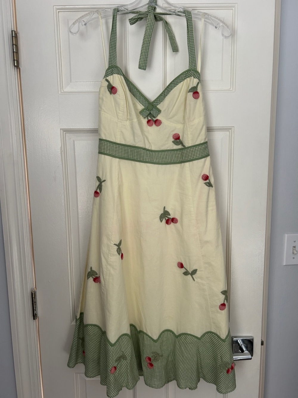 Anthropologie Odillle Yellow Sundress with Green Trim and Cherry Embroidery